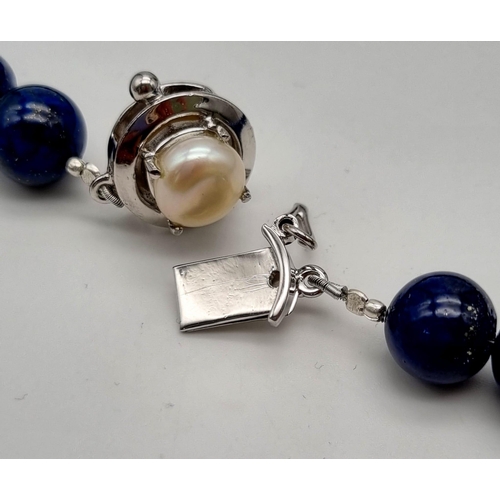 1446 - 925 Silver Cabochon Lapis Lazuli Necklace with Pearl Clasp, Total Weight 146.72grams 50cm in length ... 