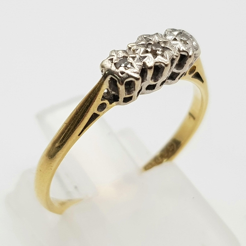 1419 - A Vintage 18K Yellow Gold and Diamond Trilogy Ring. Size O/P. 2.42g total weight.