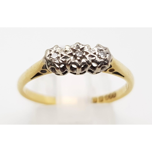 1419 - A Vintage 18K Yellow Gold and Diamond Trilogy Ring. Size O/P. 2.42g total weight.