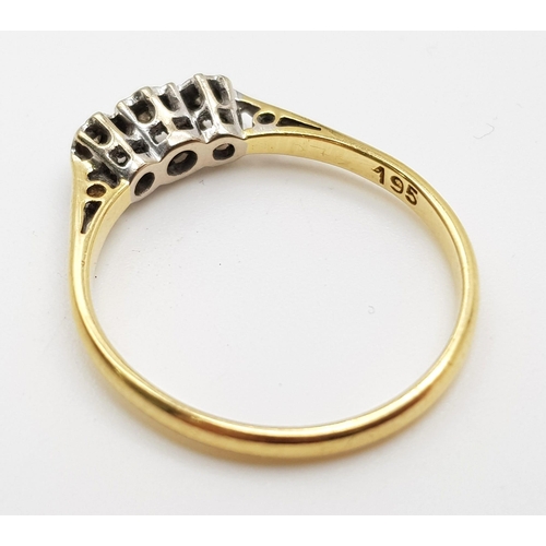 1419 - A Vintage 18K Yellow Gold and Diamond Trilogy Ring. Size O/P. 2.42g total weight.