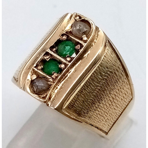 1331 - A 9k Yellow Gold, Emerald and Diamond Gents Ring. Size P/Q. 8.66g total weight.