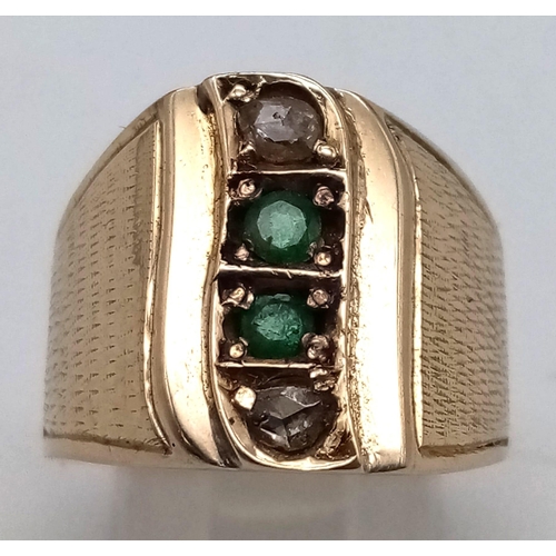 1331 - A 9k Yellow Gold, Emerald and Diamond Gents Ring. Size P/Q. 8.66g total weight.