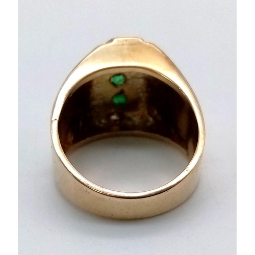 1331 - A 9k Yellow Gold, Emerald and Diamond Gents Ring. Size P/Q. 8.66g total weight.