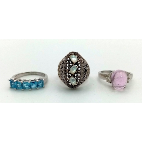 1327 - Three 925 Silver Gemstone Rings. Topaz, Spinel and Opal.
All size P.