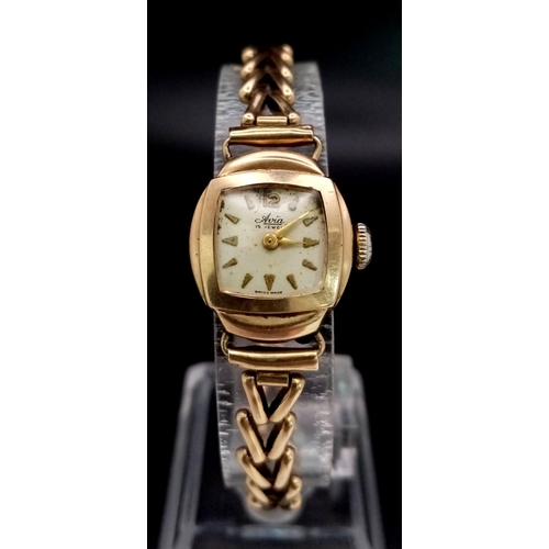 596 - A Vintage 9K Yellow Gold Avia Ladies Watch. 9K gold bracelet and case - 17mm. Mechanical movement bu... 