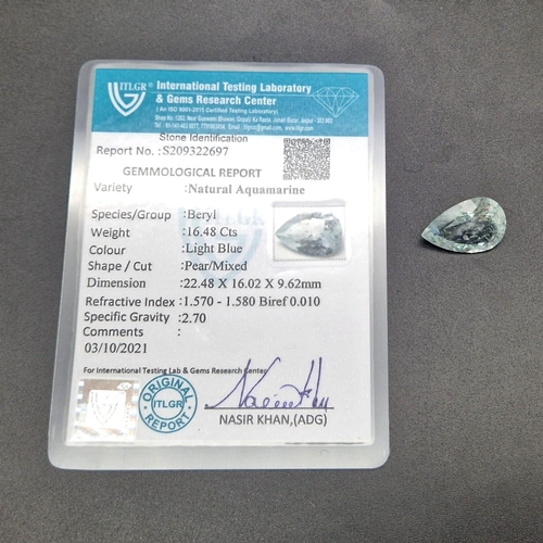 796 - A 16.48ct Natural Aquamarine Gemstone. Faceted pear-shape. ITLGR Certified