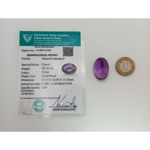 838 - A 49.28ct Bolivian Amethyst -Oval Faceted- ITLGR Certified.  AAA Grade.