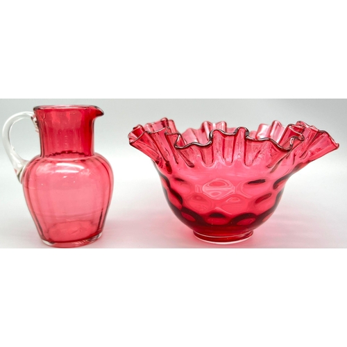 1108 - A Cranberry Glass Dish, 10cm tall and 19cm diameter And a Cranberry Glass Small Jug, 12cm in Height,... 