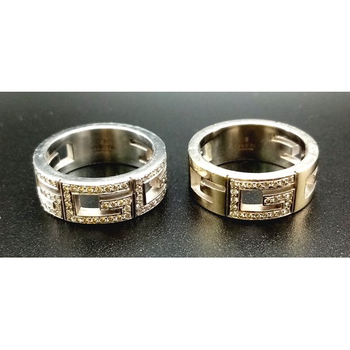 156 - A Pair of Rare (possibly unique)  Gucci 18K White Gold Diamond Half-Eternity Rings with Greek Key De... 