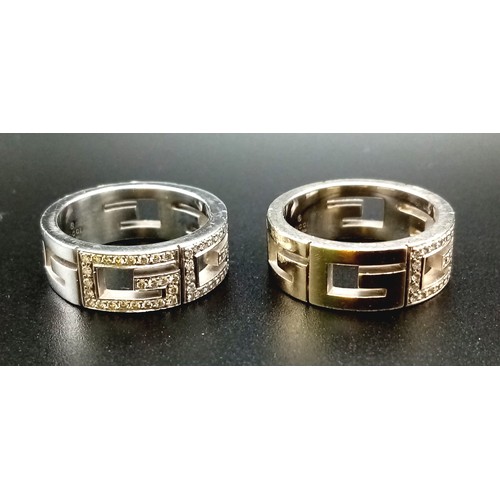 156 - A Pair of Rare (possibly unique)  Gucci 18K White Gold Diamond Half-Eternity Rings with Greek Key De... 