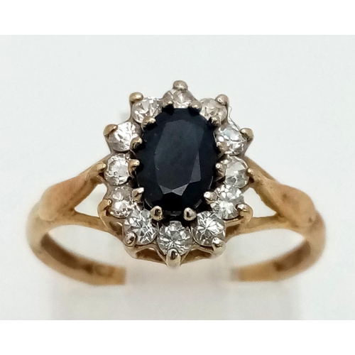 1397 - A Vintage 9K Yellow Gold Vintage sapphire and White Stone Ring. Size J. 1.55g