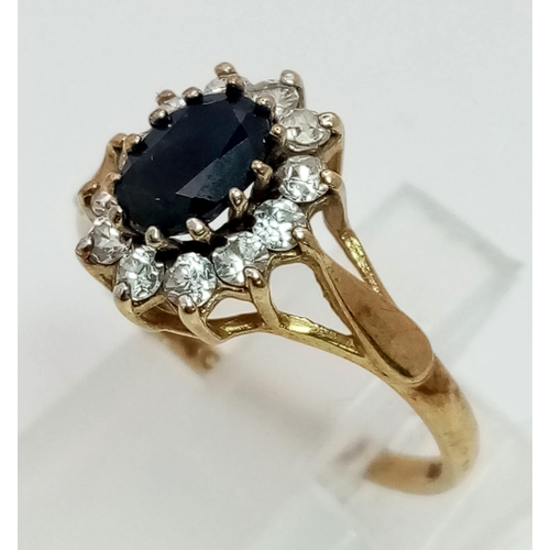 1397 - A Vintage 9K Yellow Gold Vintage sapphire and White Stone Ring. Size J. 1.55g