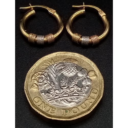 489 - A Pair of 9K Three-Colour Gold Small Hoop Earrings. 1.15g total weight.