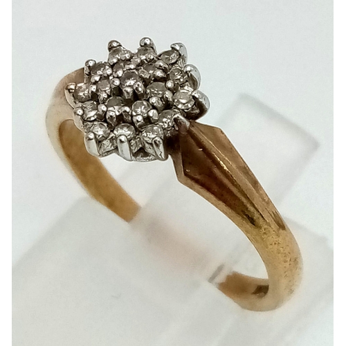 667 - A Vintage 9K Yellow Gold Diamond Floral Cluster Ring. Size K. 2.38g total weight.