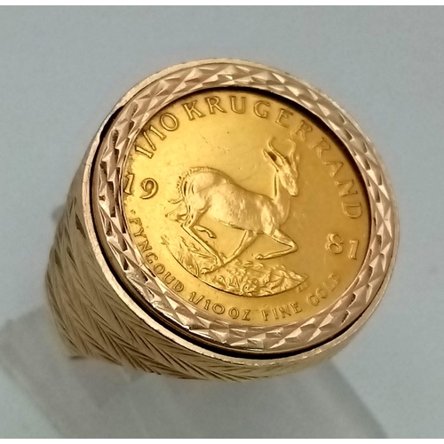 86 - A 22K Gold 1981 South African Tenth Ounce Krugerrand Coin set in a 9K Gold Ring. Size K/L. 6.39g tot... 