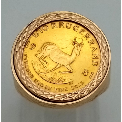 86 - A 22K Gold 1981 South African Tenth Ounce Krugerrand Coin set in a 9K Gold Ring. Size K/L. 6.39g tot... 