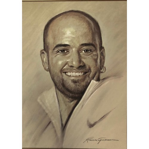 1139 - Pastel PORTRAIT, on card, of Andre Agassi, signed by Richard Goudreau.  43 x 57 cm.