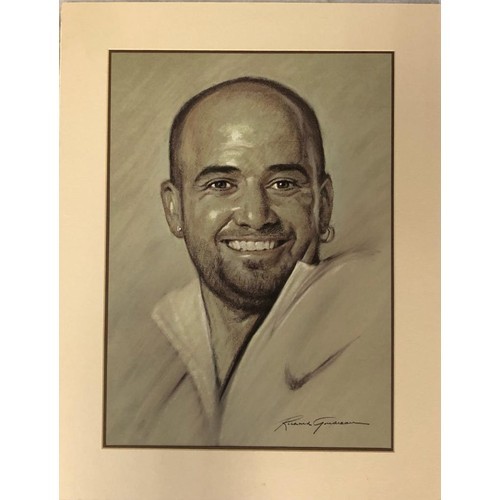 1139 - Pastel PORTRAIT, on card, of Andre Agassi, signed by Richard Goudreau.  43 x 57 cm.