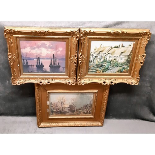 1159 - Three wood and plaster picture frames in gold effect. The largest one has a small bit of damage to t... 