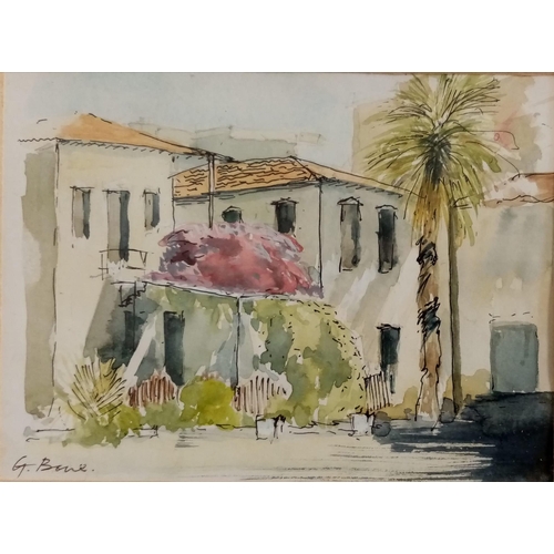 1297 - Watercolour and ink painting by G. Bone of a villa in Gulluk, SW Turkey. Frame size 26x20cm