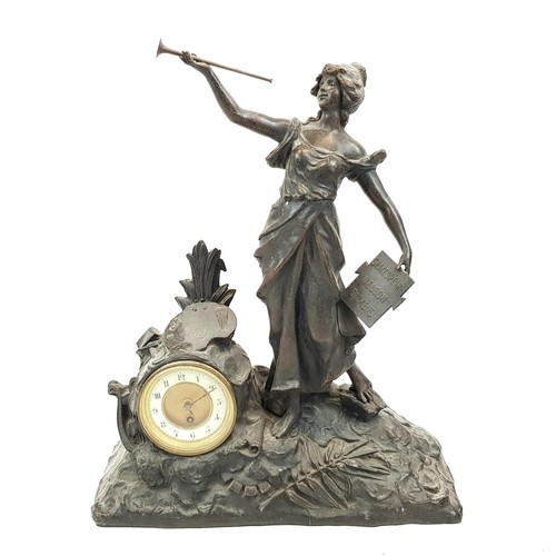 1301 - An Antique Spelter Mantle Clock Decorated with a Woman Blowing Her Own Horn - In favour of Dickens, ... 