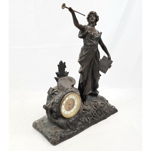 1301 - An Antique Spelter Mantle Clock Decorated with a Woman Blowing Her Own Horn - In favour of Dickens, ... 