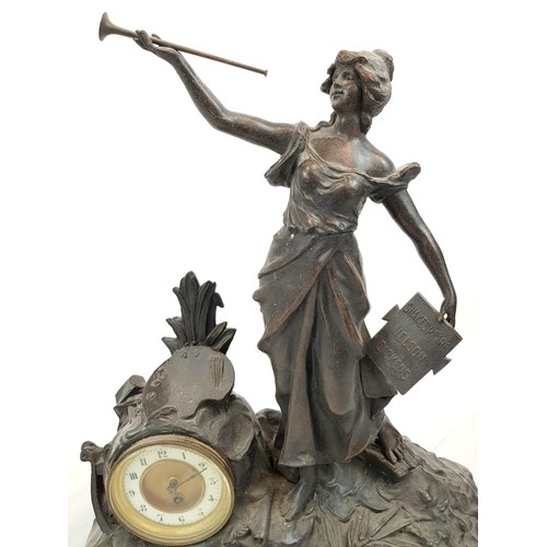 1301 - An Antique Spelter Mantle Clock Decorated with a Woman Blowing Her Own Horn - In favour of Dickens, ... 