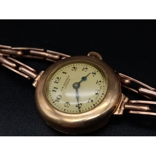 22 - An Antique 9K Rose Gold Benson Ladies Watch. 9K rose gold bracelet and case - 26mm. Mechanical movem... 