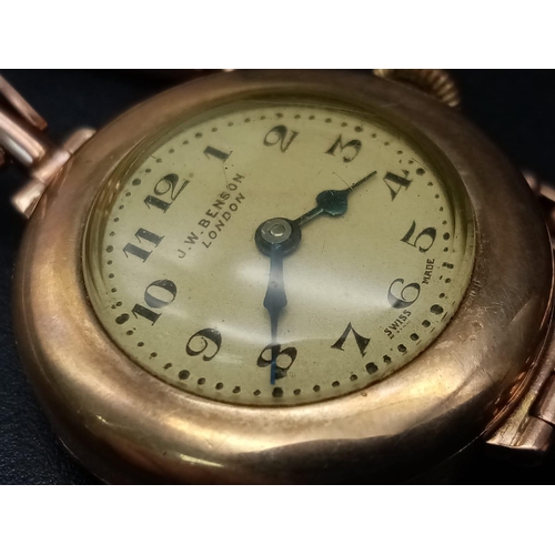 22 - An Antique 9K Rose Gold Benson Ladies Watch. 9K rose gold bracelet and case - 26mm. Mechanical movem... 