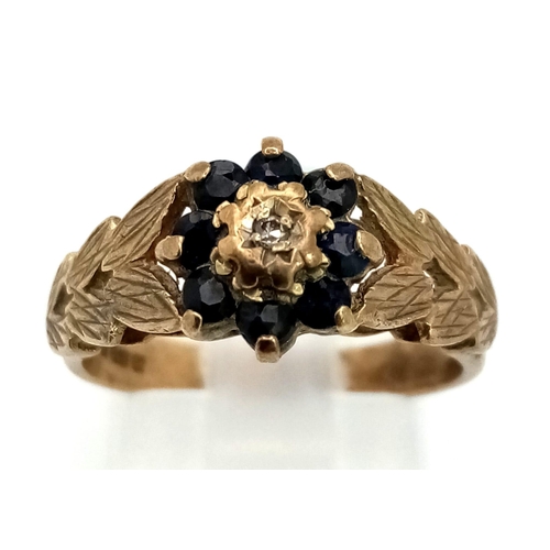 540 - A Vintage 9K Gold Sapphire and Diamond Ring. Size N. 3.12g total weight.