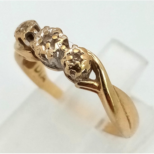 575 - A Vintage 9K Yellow Gold Diamond Trilogy Ring. Size K. 1.74g total weight.