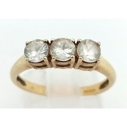 656 - A Vintage 9K Yellow Gold Three White Stone Ring. Size N. 2.1g total weight.