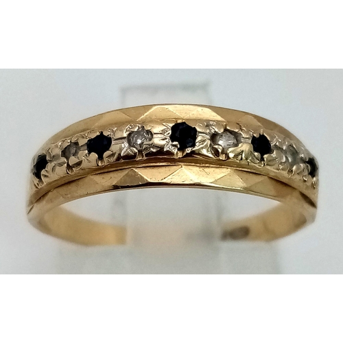 1324 - A Vintage 9K Yellow Gold sapphire and Diamond Ring. Size L/M. 1.72g total weight