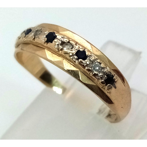 1324 - A Vintage 9K Yellow Gold sapphire and Diamond Ring. Size L/M. 1.72g total weight