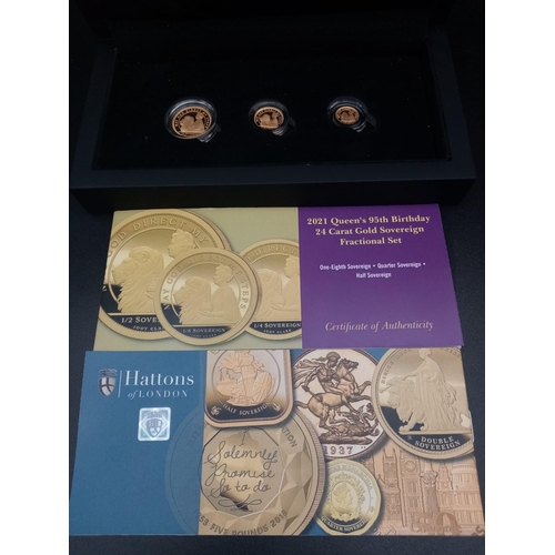 25 - A 24K Gold Queen Elizabeth 95th Birthday Commemorative Coin Set. Includes: One-eighth, quarter and h... 