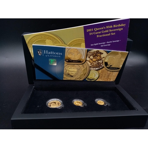 25 - A 24K Gold Queen Elizabeth 95th Birthday Commemorative Coin Set. Includes: One-eighth, quarter and h... 