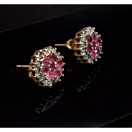 1312 - A Pair of Vintage 9K Yellow Gold Ruby and Diamond Earrings. 2.16g total weight