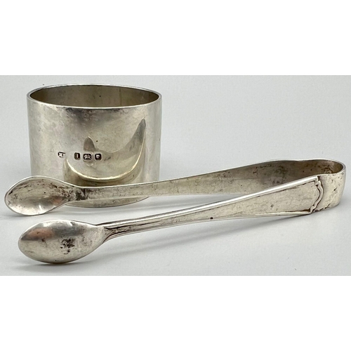 242 - A Quirky 925 Silver mix lot of Napkin Ring and tongs. Tongs are Marked for James Deakin &Sons Sheffi... 