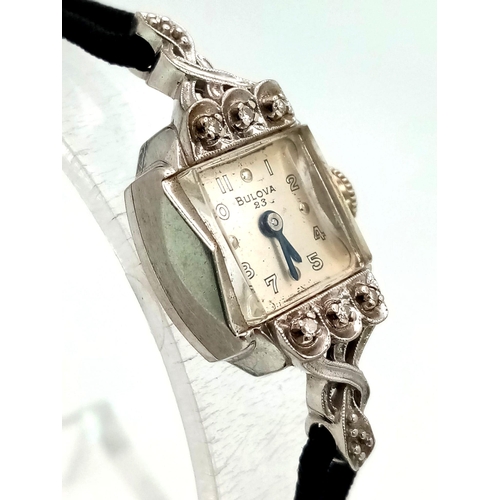 314 - A VINTAGE 14K WHITE GOLD BULOVA LADIES WRIST WATCH IN ART DECO DESIGN , GOOD WORKING ORDER A CLASSY ... 