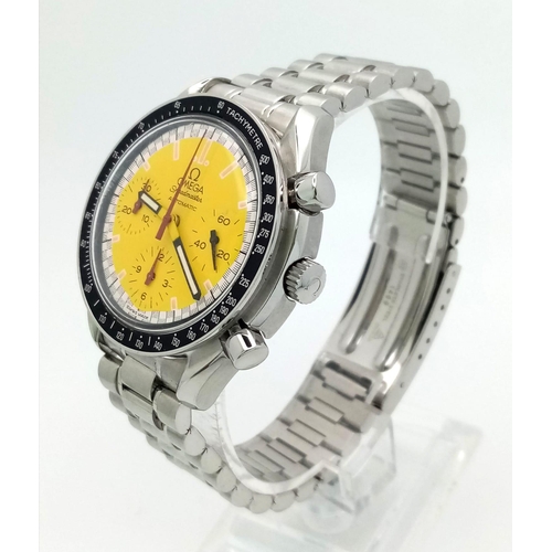 545 - AN OMEGA SPEEDMASTER AUTOMATIC (THE MICHAEL SCHUMACHER RACING EDITION) 3 SUB DIALS AND YELLOW SPLASH... 