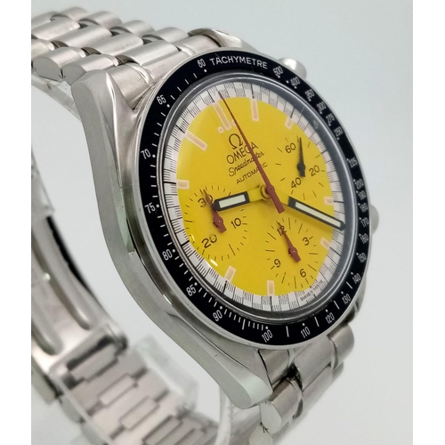 545 - AN OMEGA SPEEDMASTER AUTOMATIC (THE MICHAEL SCHUMACHER RACING EDITION) 3 SUB DIALS AND YELLOW SPLASH... 