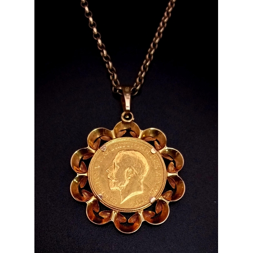 79 - A 1913 George V 22k Gold Half Sovereign in a High Karat casing pendant on a 9K Chain. 4.5cm and 50cm... 