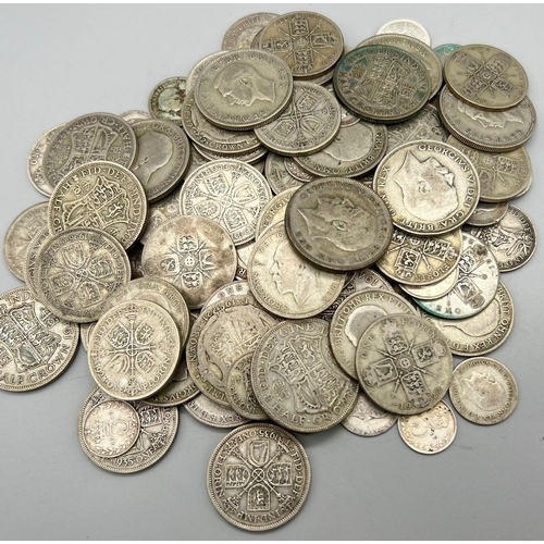 100 - A Lot of Silver Pre 1947 Coins. Mostly Half Crowns. 860g total weight.