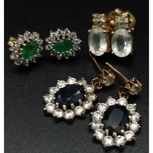 1320 - Three Pairs of 9K Yellow Gold Stone Set Earrings. Green, blue and white stones. 5.54g total weight.