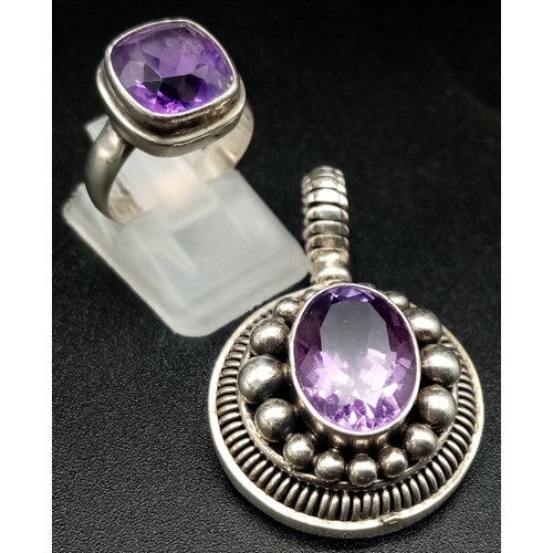 1329 - A 925 Silver Amethyst Ring and Pendant. Ring - Size L. Pendant - 4cm.