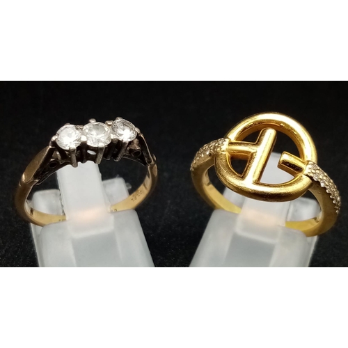 1401 - Two 925 Silver Gold Plated Stone Set Rings. White stones. Sizes M and O.