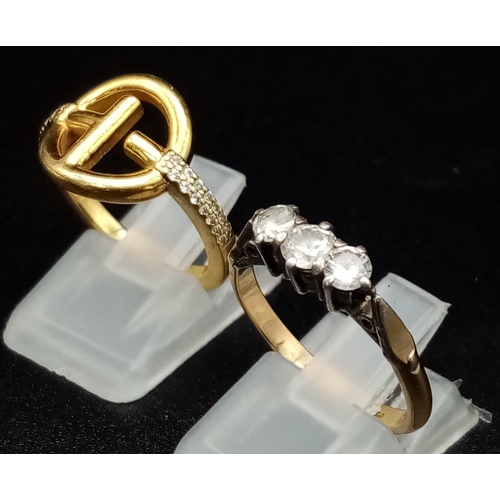 1401 - Two 925 Silver Gold Plated Stone Set Rings. White stones. Sizes M and O.