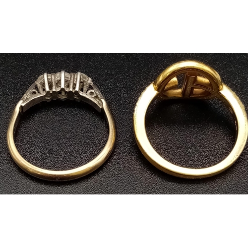 1401 - Two 925 Silver Gold Plated Stone Set Rings. White stones. Sizes M and O.