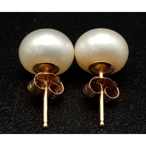 278 - A 14 K yellow gold pearl stud earrings. Pearl diameter 7 mm