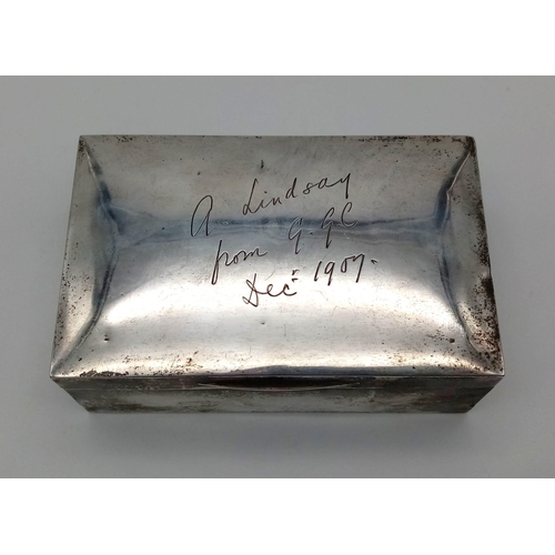 46 - An Antique 1907 Sterling Silver Trinket Box/Cigarette case. Wood-lined interior. Inscription on lid.... 